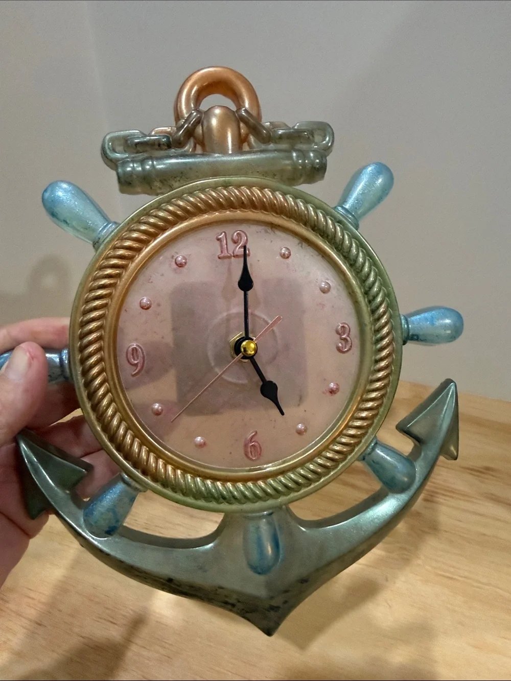 Nautical Anchor Ship Wheel Wall Clock — Bronze and Blue Coastal Accent
